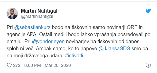 Avstrijska vlada komunicira z mediji na daljavo.