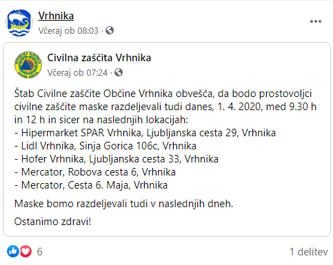 Zaščitne maske za občane Vrhnike